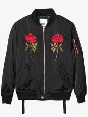 Black Bomber Jacket with Red Rose Embroidery